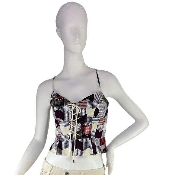 Free People Front Lace Cropped Corset Patchwork Print Tank Top Size Small - Picture 2 of 10